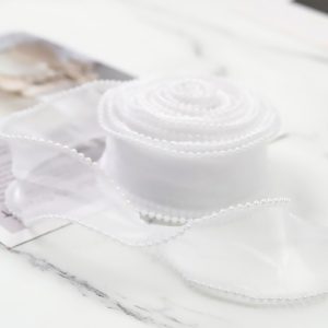 Лента декоративная (4 см*4,57 м) Органза с леской и бусинами, Белый, 1 шт.