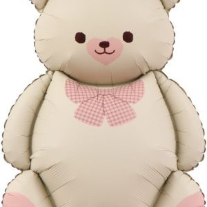 Шар (35''/89 см) Фигура, Мишка с бантом, Бежевый/Розовый, Сатин, 1 шт. в уп.